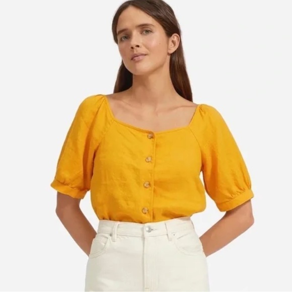 Everlane Linen Button Puff Sleeve Square Neckline Top in Sunny Orange - Picture 1 of 10